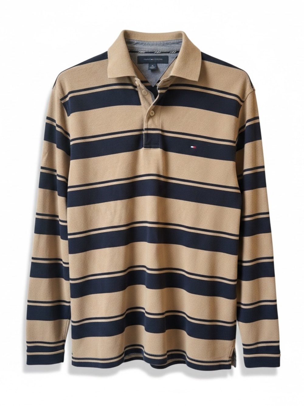 Tommy Hilfiger Long Sleeve Polo in Beige and Navy Stripes